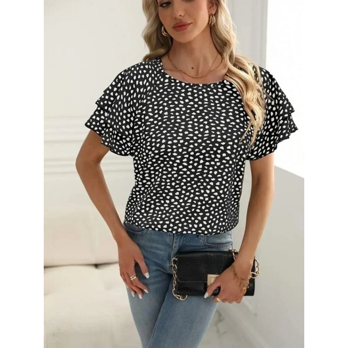 Kadın Kısa Kollu Kolları Volanlı Baskılı Süprem Bluz