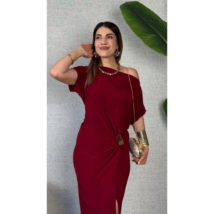Kadın Kısa Kollu Tek Omuzdan Açık Beli Lastikli Sandy Maxi Elbise