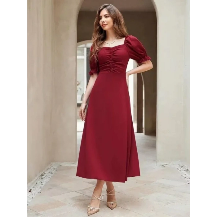 Kadın Kısa Kollu V Yakalı önden Büzgüü Uzun Ithal Krep Elbise