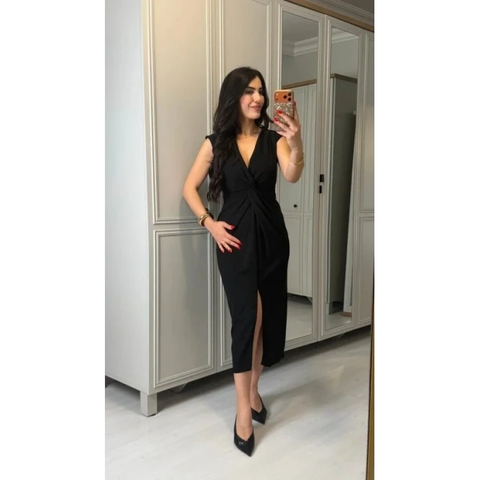 Kadın Kısa Kollu V Yakalı önü Sarmal Detaylı Yırtmaçlı Sandy Midi Elbise