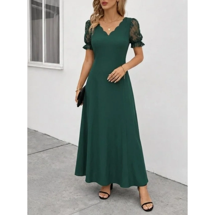 Kadın Kısa Kollu V Yakalı Uzun Janjan Elbise