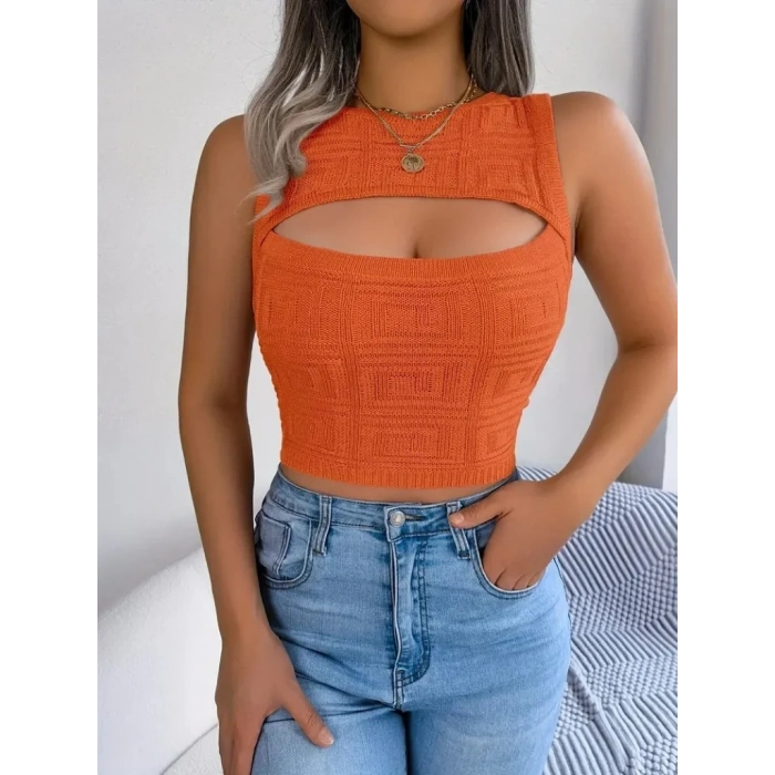 Kadın Kolsuz Bisiklet Yaka Güpüs Dekolteli Triko Crop Bluz