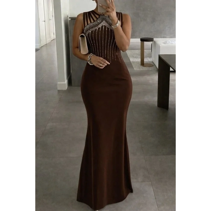 Kadın Omuz çoklu Askılı önü Taş Işlemeli Balık Kesim Janjan Krep Maxi Boy Elbise