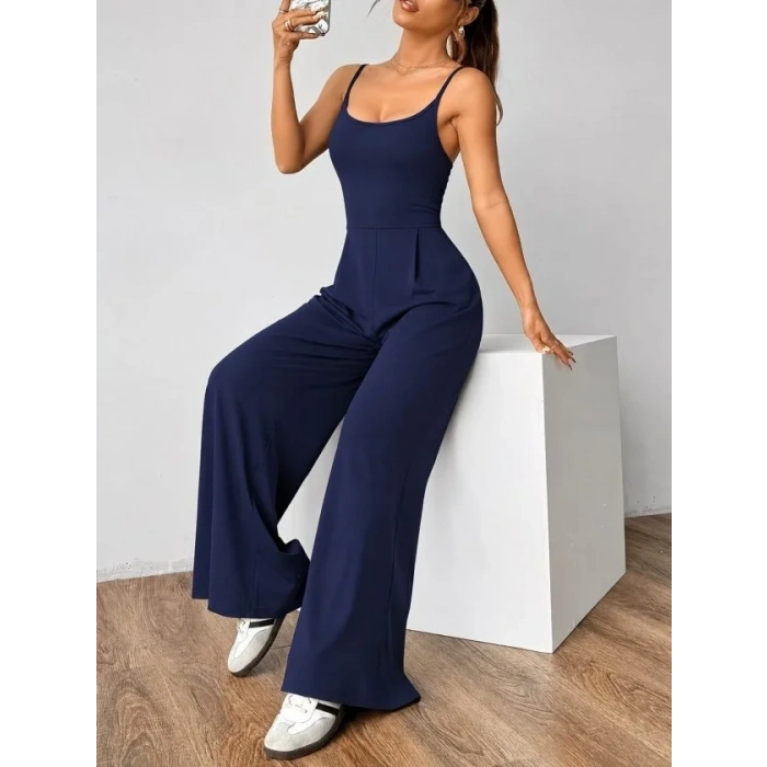 Kadın Omuzdan Askılı Sırtı Açık Bok Kesim Janjan Krep Tulum