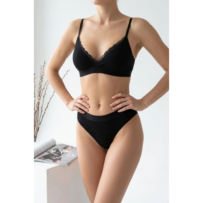 Kadın Siyah Fitilli Dantelli Bralet Takımı