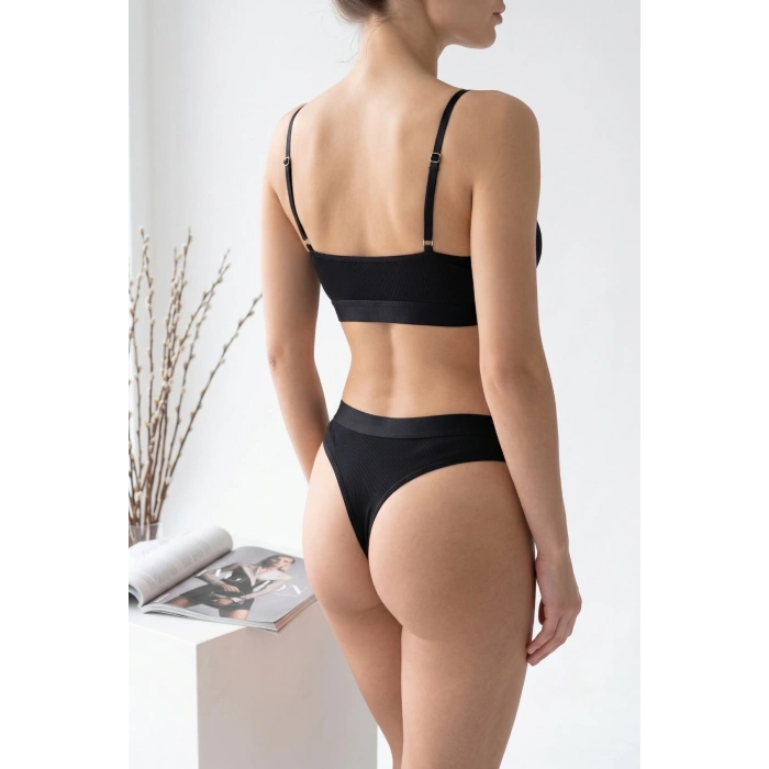 Kadın Siyah Fitilli Dantelli Bralet Takımı