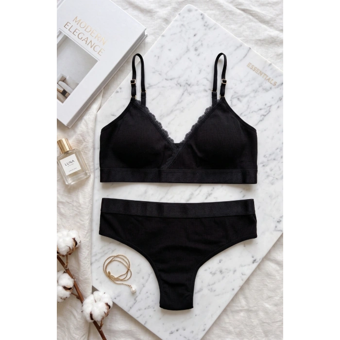 Kadın Siyah Fitilli Dantelli Bralet Takımı