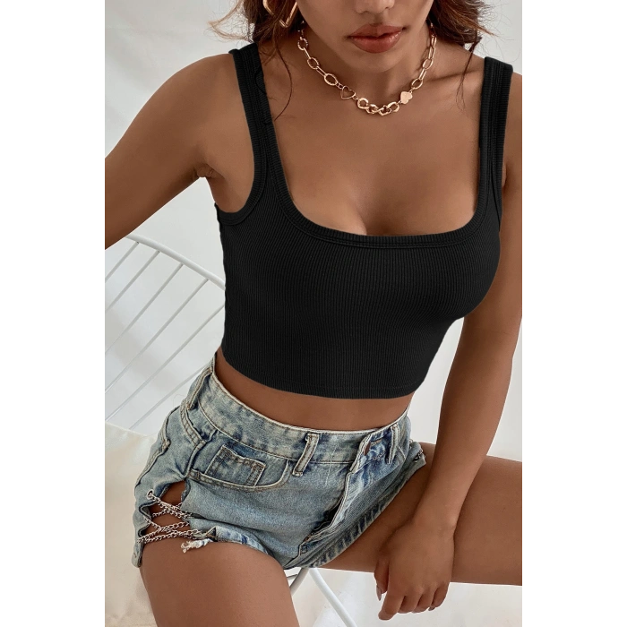 Kadın Siyah Kalın Askılı Crop Top Büstiyer