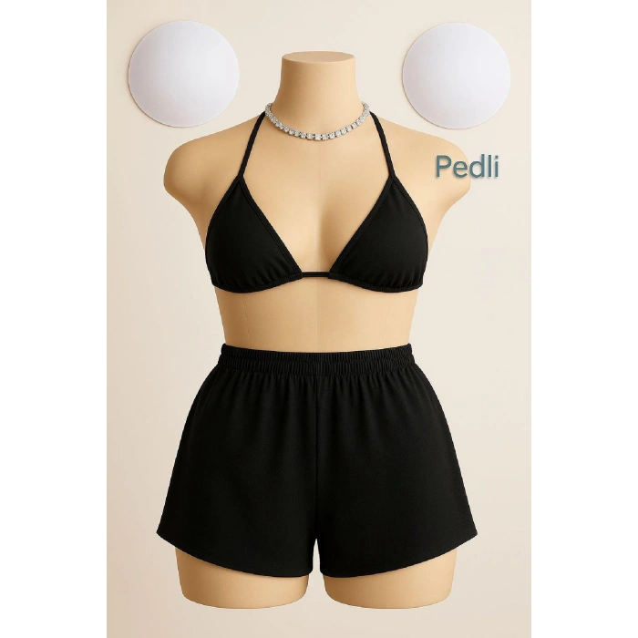 Kadın Siyah Şortlu Belden ve Boyundan Bağlamalı Bikini Takımı
