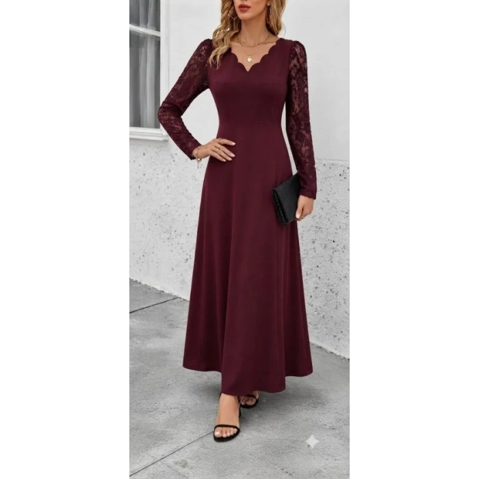 Kadın Uzun Kollu Dalgalı V Yakalı Dantelli Uzun Janjan Krep Elbise