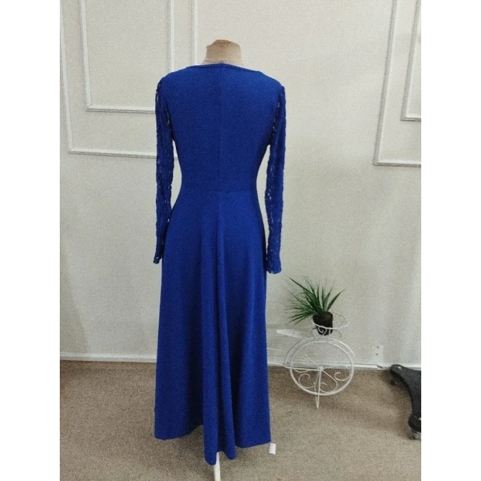 Kadın Uzun Kollu Dalgalı V Yakalı Dantelli Uzun Janjan Krep Elbise