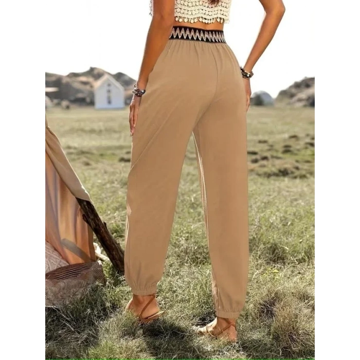 Kadın Yüksek Bel Beli Lastikli Dökümlü Ve Beli şeritli Pera Pantolon