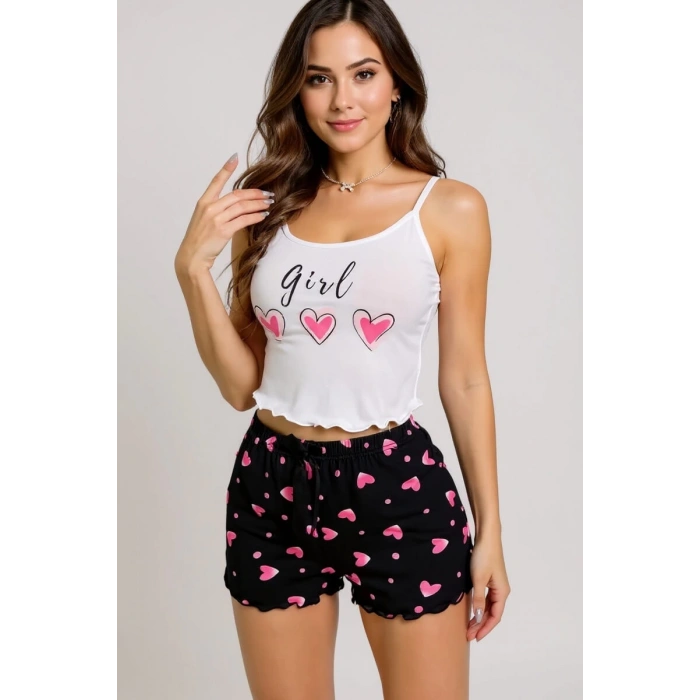 Kalp Desenli Askılı Şortlu Pijama Takımı