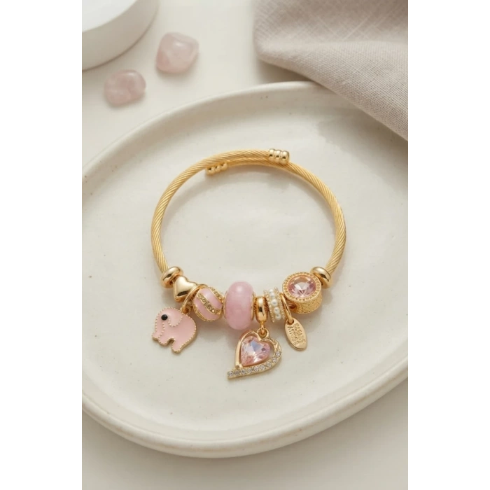 Kalp ve Fil Model Pembe Charmlı Bileklik TJ-BB8748