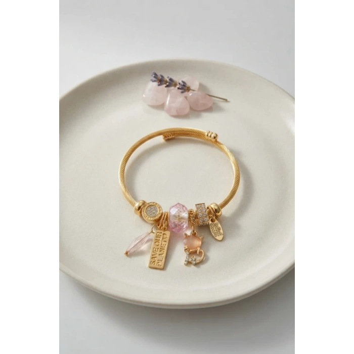 Kedili Model Pembe Charmlı Bileklik TJ-BB8723