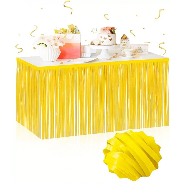 Kendinden Yapışkanlı Makaron Sarı Püsküllü Masa Eteği – 75 x 275 cm Parti Süslemesi