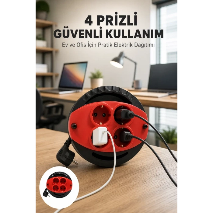 Kırmızı Renk 5 Metre 4’lü Kablolu Priz Makarası