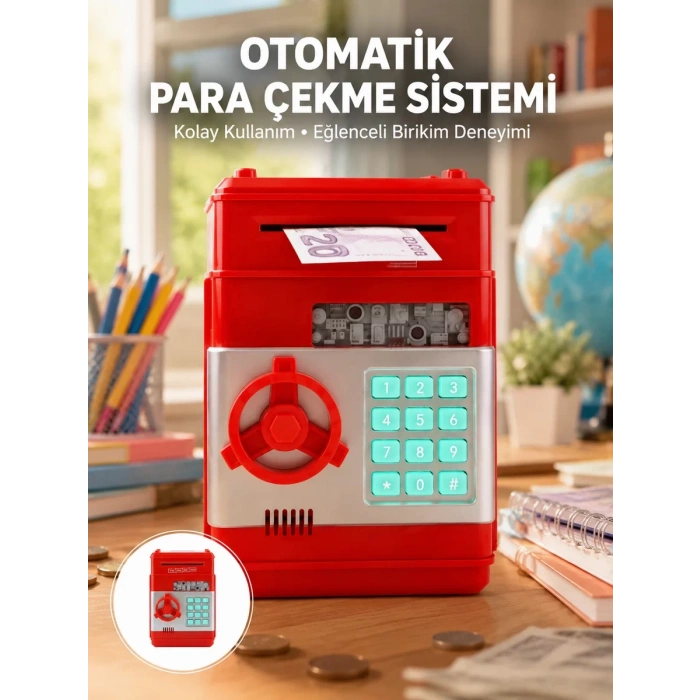 Kırmızı Şifreli ATM Kasa Para Yutan Kumbara
