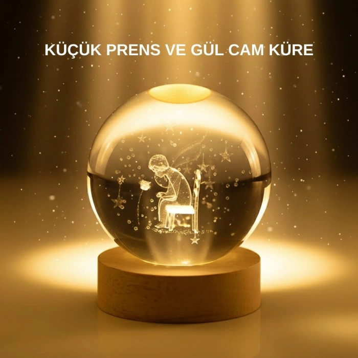 Küçük Prens Cam Küre USB Işıklı Ahşap Standlı Büyük Boy