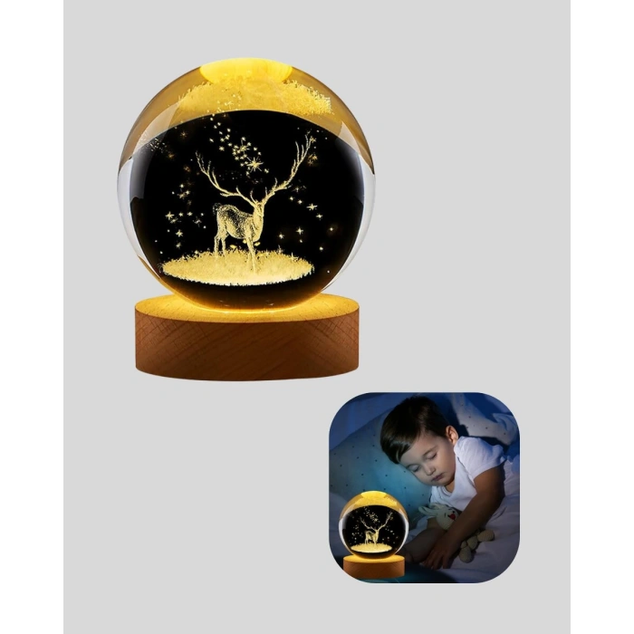LED Işıklı Geyikli Kristal Küre Ahşap Standlı Modern Dekor Lamba