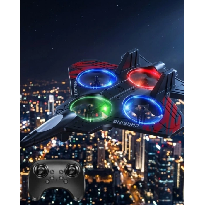LED Işıklı Uzaktan Kumandalı Drone Fighter Jet Tasarımlı 360 Derece Dönebilen Oyuncak Uçak