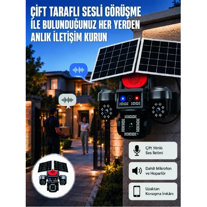 LED Projektörlü Sirenli Güneş Enerjili Akıllı Güvenlik Kamerası