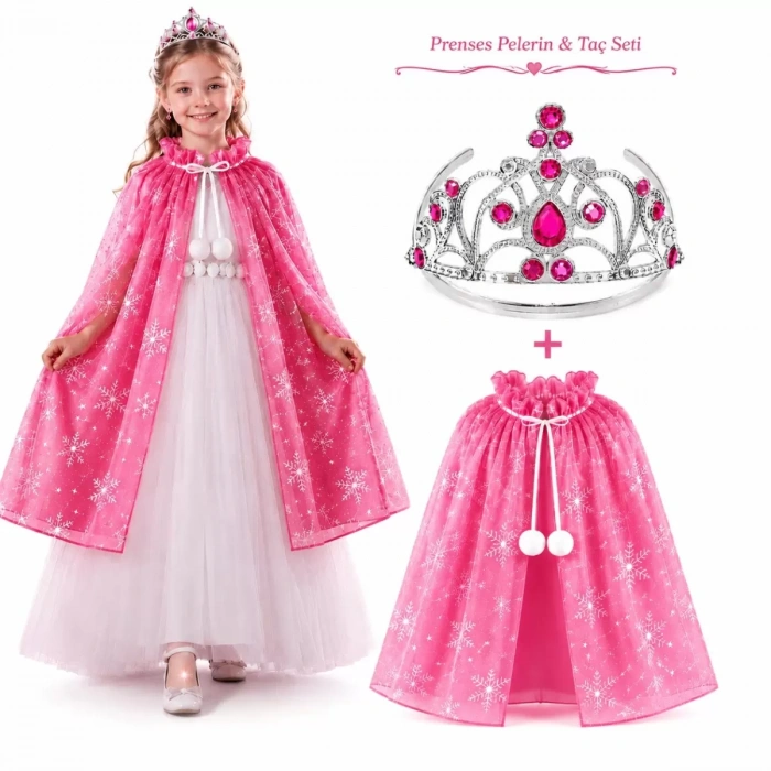 Masal Prensesi Pembe Pelerin ve Taç Seti (85 cm)