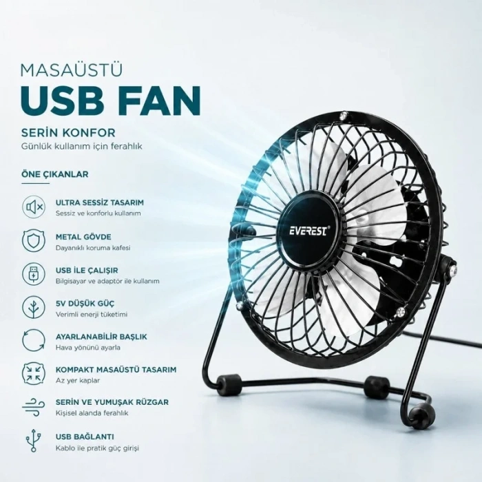 Masaüstü Mini USB Fan - Metal Gövdeli - Ultra Sessiz