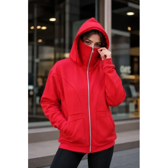 Maskeli Ninja Model Çift Kapüşonlu 3 İplik Şardonlu Fermuarlı Oversize Sweatshirt - Kırmızı