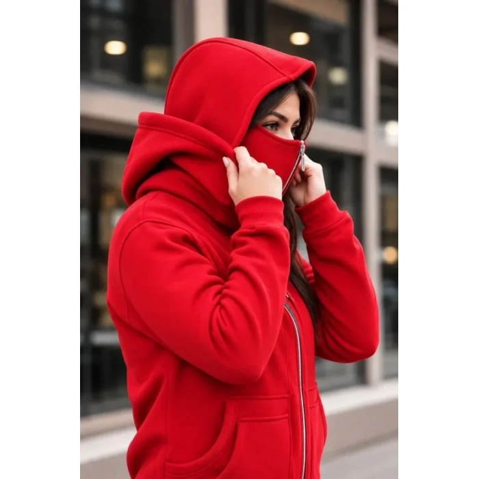 Maskeli Ninja Model Çift Kapüşonlu 3 İplik Şardonlu Fermuarlı Oversize Sweatshirt - Kırmızı