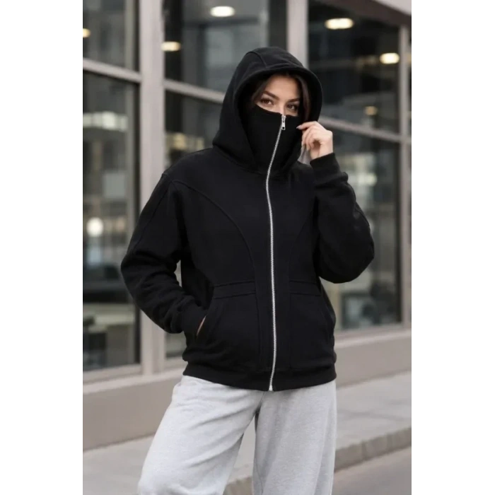 Maskeli Ninja Model Çift Kapüşonlu 3 İplik Şardonlu Fermuarlı Oversize Sweatshirt - Siyah