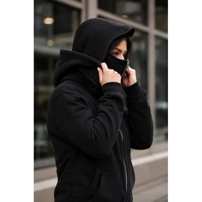 Maskeli Ninja Model Çift Kapüşonlu 3 İplik Şardonlu Fermuarlı Oversize Sweatshirt - Siyah