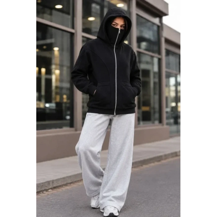 Maskeli Ninja Model Çift Kapüşonlu 3 İplik Şardonlu Fermuarlı Oversize Sweatshirt - Siyah