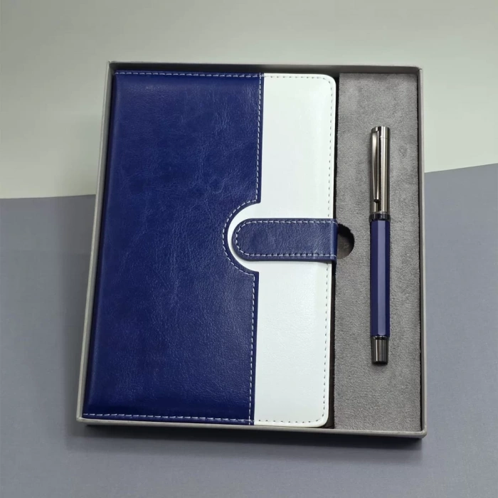 Mavi Beyaz Deri Kapaklı Defter Ve Metal Kalem Set