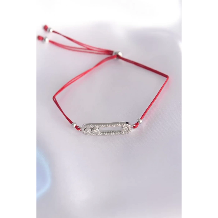 Messika Model Gümüş Renk Zirkon Taş Tasarımlı Kırmızı İp Asansörlü Bileklik - TJ-BB6056