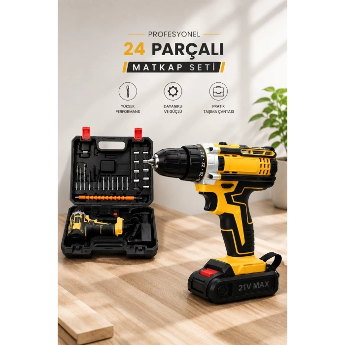 Metal Dişli 24W Akülü Matkap -Çift Bataryalı ve LED Çalışma Işığı ile Tam Set