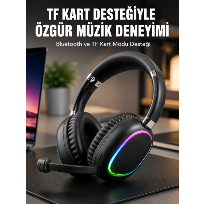 Mikrofonlu Bluetooth Kulak Üstü Kulaklık RGB Aydınlatmalı Type-C Şarjlı