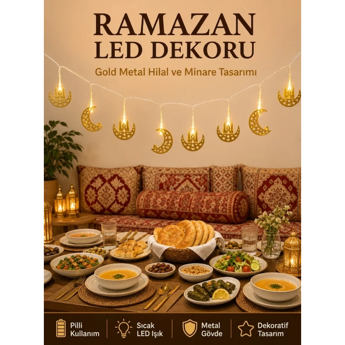 Minareli Hilal LED Işık Gold Metal Gövdeli Pilli Ramazan Dekoru