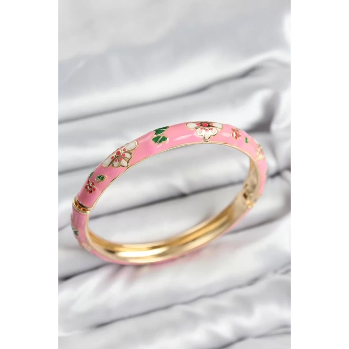 Mineli Pirinç Pembe Çiçek Motifli Gold Kadın Kelepçe - TJ-BB7617