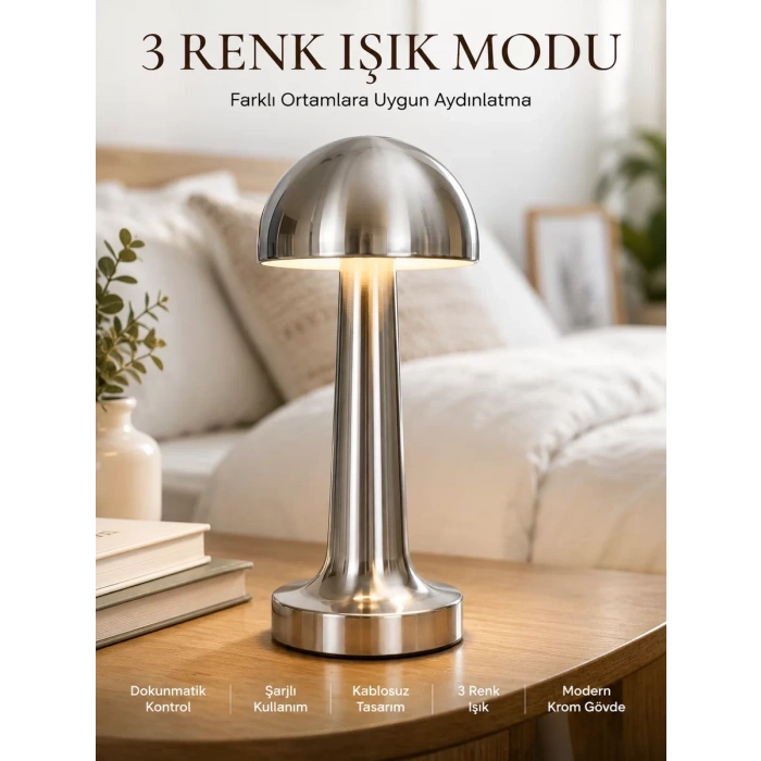 Modern Mantar Masa Lambası Dokunmatik 3 Işık Modlu Şarjlı Kablosuz LED Yeni Nesil
