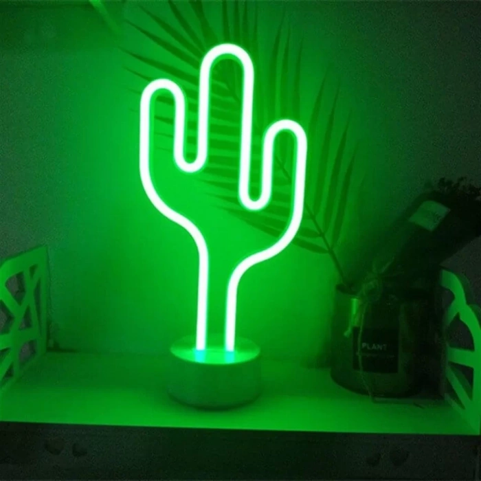 Neon Işıklı Kaktüs Masa Gece Lambası Pil ve Usb
