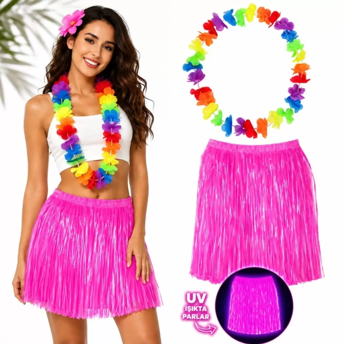 Neon Pembe Hawaii Etek 40 cm ve Rengarenk Hawaii Kolye