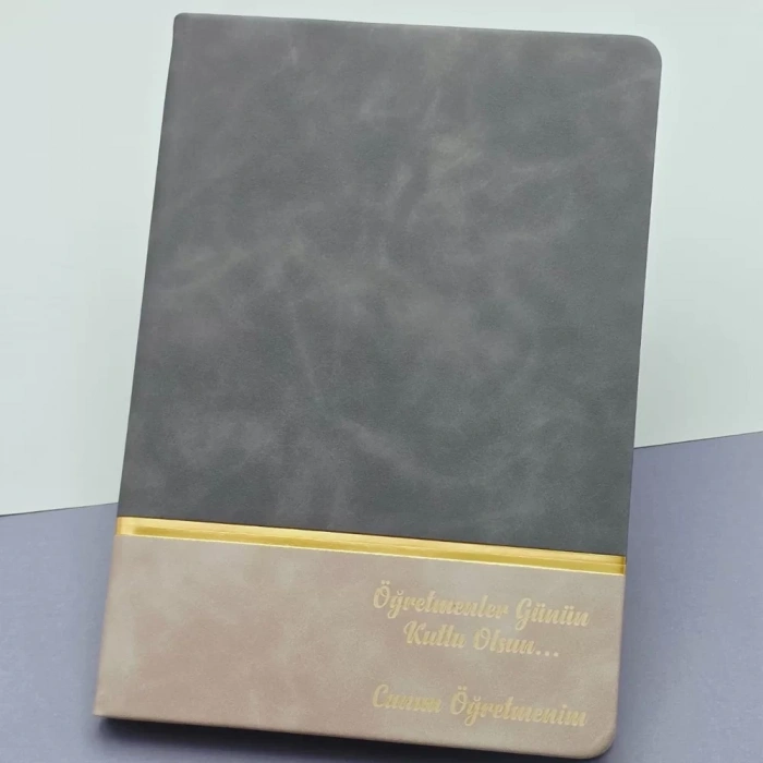 Öğretmenler Günü Hediyesi Yazılı Deri Defter Gri