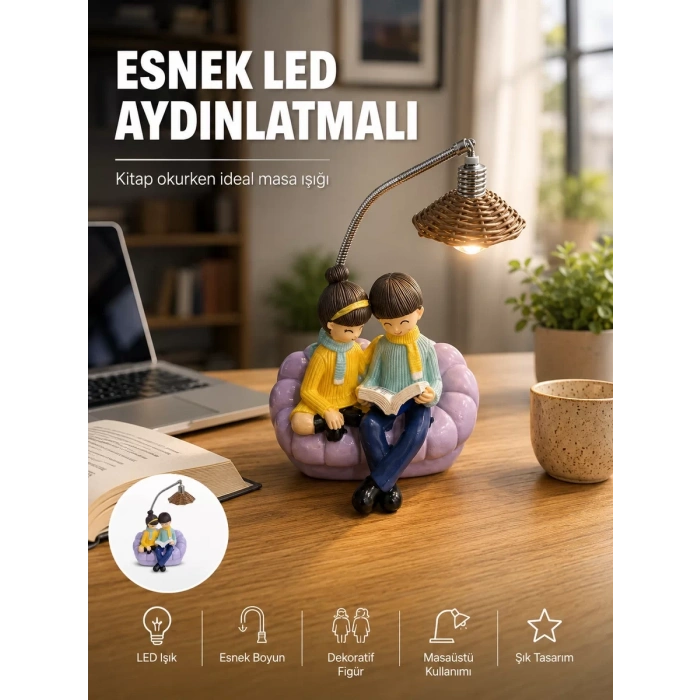 Okuyan Çift Figürlü Dekoratif Gece Lambası Hediye Seçeneği