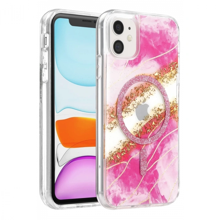 Onegif  İphone 11 Lotus Simli Magsafe Kapak - Pembe