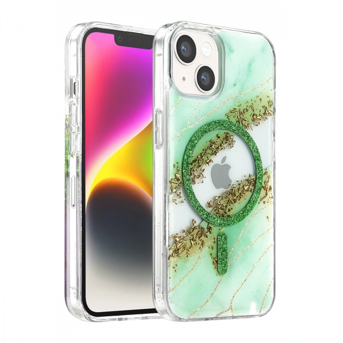 Onegif  İphone 14 Lotus Simli Magsafe Kapak - Yeşil