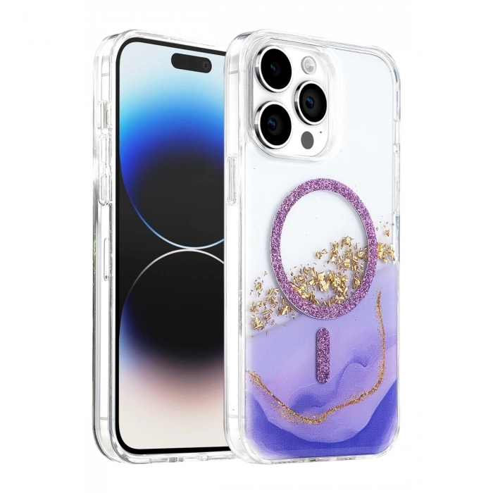 Onegif  İphone 14 Pro Max Lotus Simli Magsafe Kapak - Mor