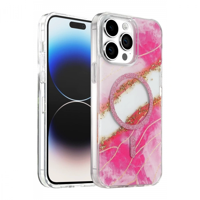 Onegif  İphone 14 Pro Max Lotus Simli Magsafe Kapak - Pembe