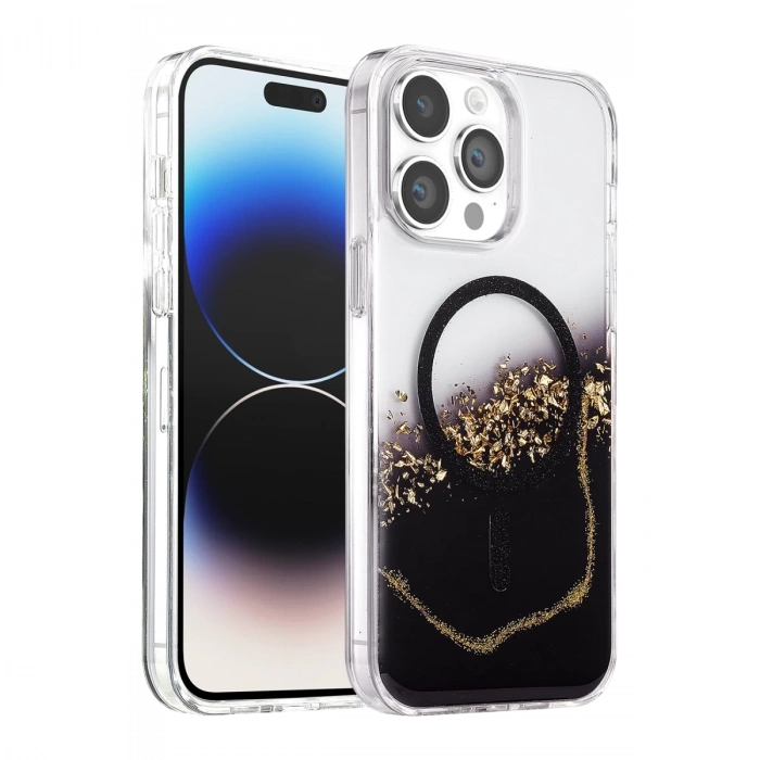 Onegif  İphone 14 Pro Max Lotus Simli Magsafe Kapak - Siyah
