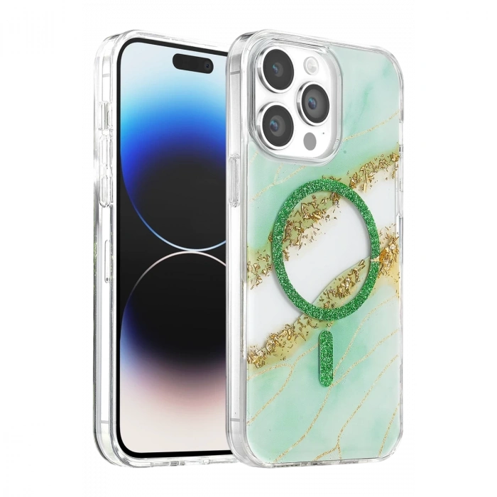 Onegif  İphone 14 Pro Max Lotus Simli Magsafe Kapak - Yeşil